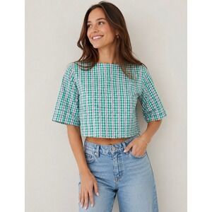 BURU Green Pink Gingham Cropped Blouse Top 100% Cotton Short Sleeve Sz M